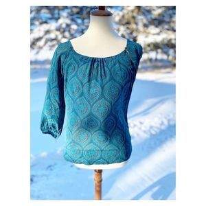 Nougat London Boho Pure Silk Blouse Top Mandala Teal Sz 2